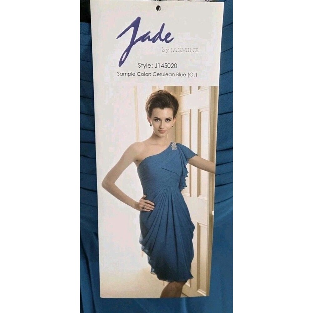 Jasmine Bridal 'Jade' collection cocktail One-shoulder dress in Blue Chiffon -14 - Picture 2 of 14